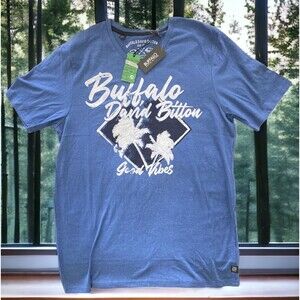 Buffalo David Bitton Men's Large Blue T-shirt Palm Trees Good Vibes V-Neck